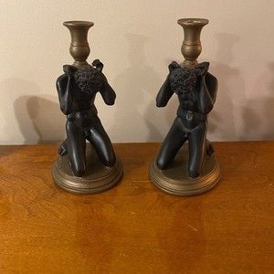 Rare TOSCANO European Sculpture 2 Naked Men Kneeling Hold Candle Holders